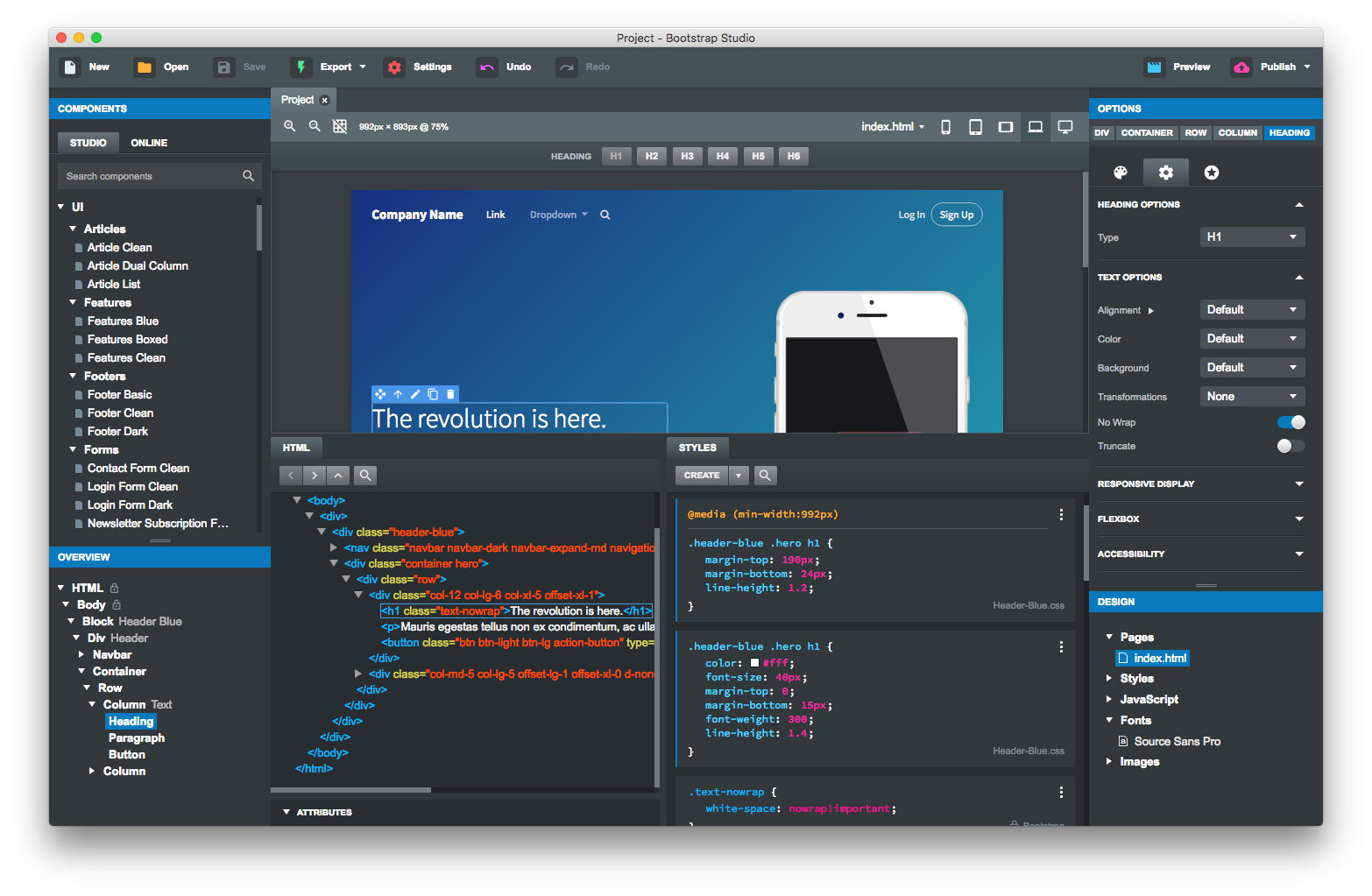 Giao diện Bootstrap Studio 