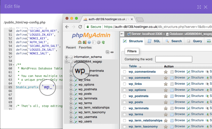 fix error establishing a database connection bằng table prefix