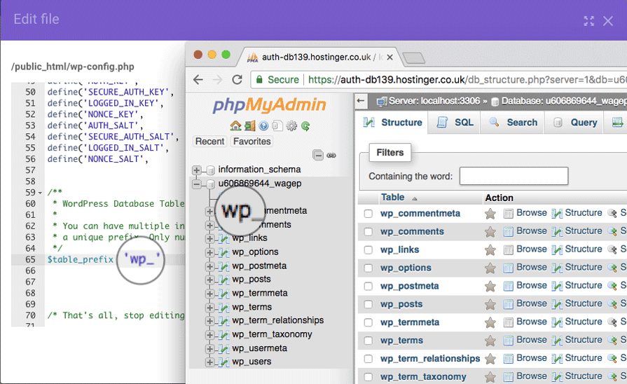 kiểm tra wordpress db prefix để fix error establishing a database connection